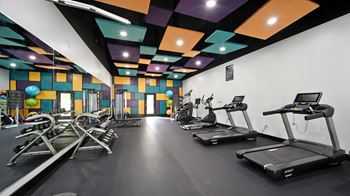 A gym with treadmills and exercise equipment.